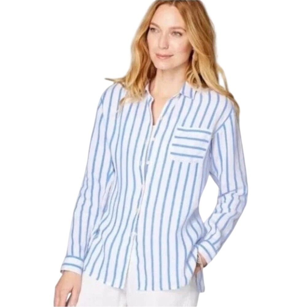 NEW‎ J JILL Love Linen Blue/White Stripe 100% Linen Button Down Shirt Size XS